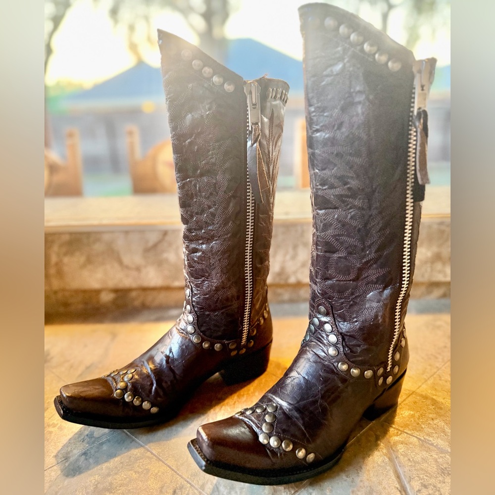 Old Gringo Studded Tall Western Boots Womens 7B Brown Leather Snip Toe Knee High - Picture 3 of 12